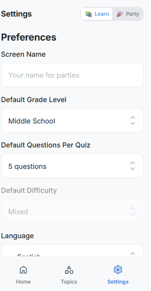Settings screen with language and level options
